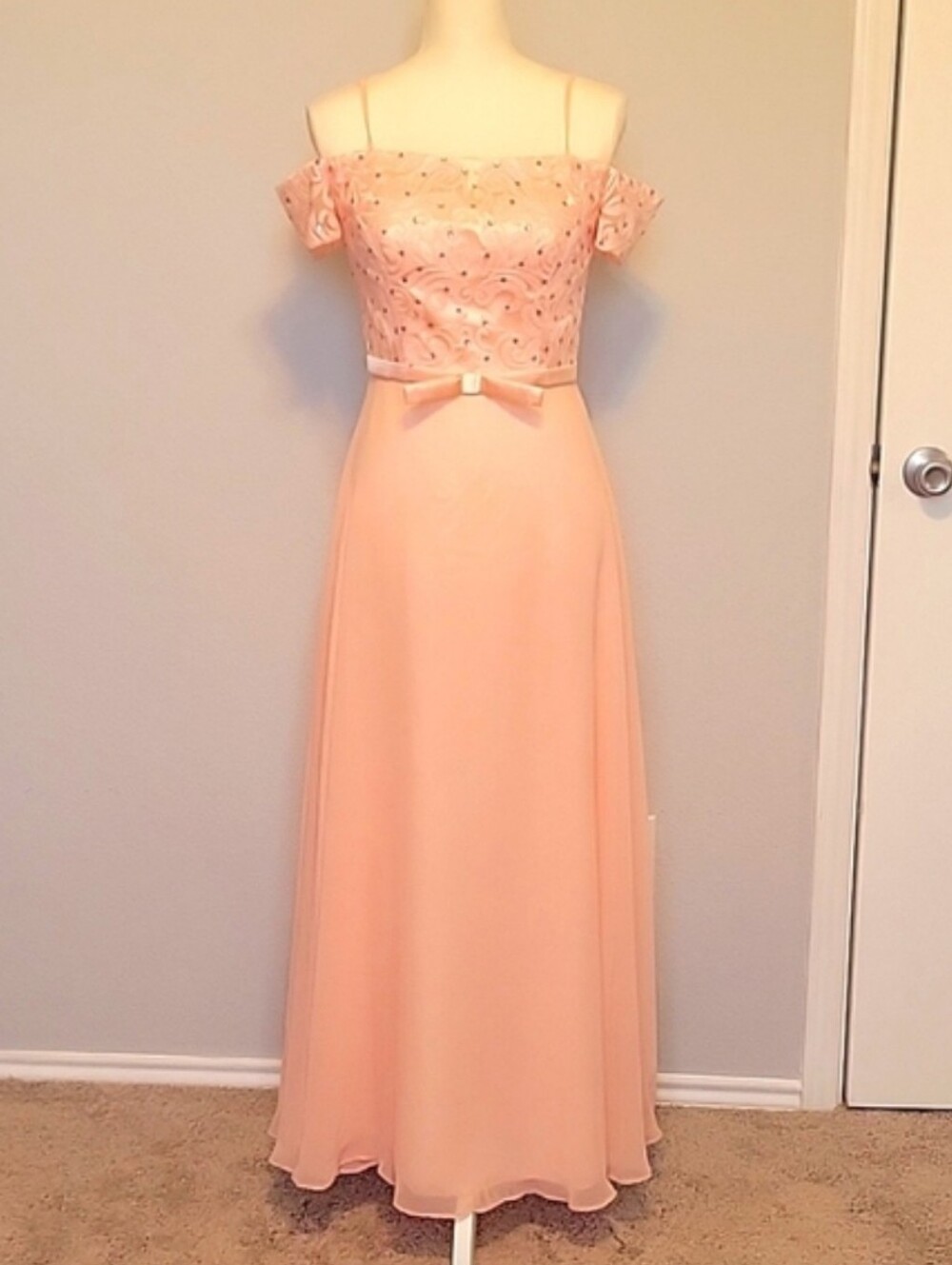 Blush Pink Off-Shoulder Prom Dress with Bow Waist
